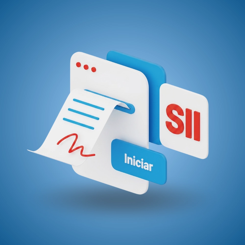 Gráfica 3D de una pantalla digital con el botón Iniciar y el logotipo del SII para el inicio de actividades tributarias en Chile.