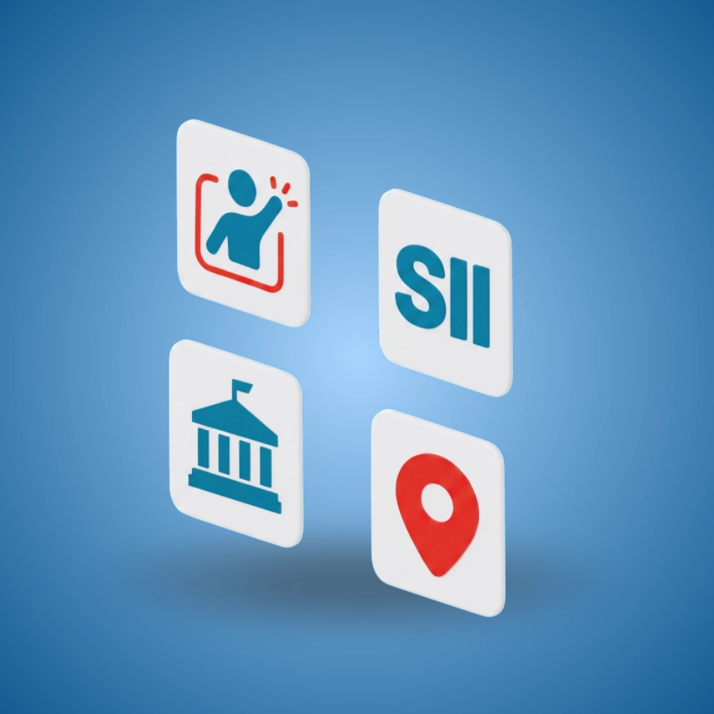 Iconos en 3D de Tu Empresa en un Día, el SII, una municipalidad y pin de ubicación comercial para trámites de formalización en Chile.