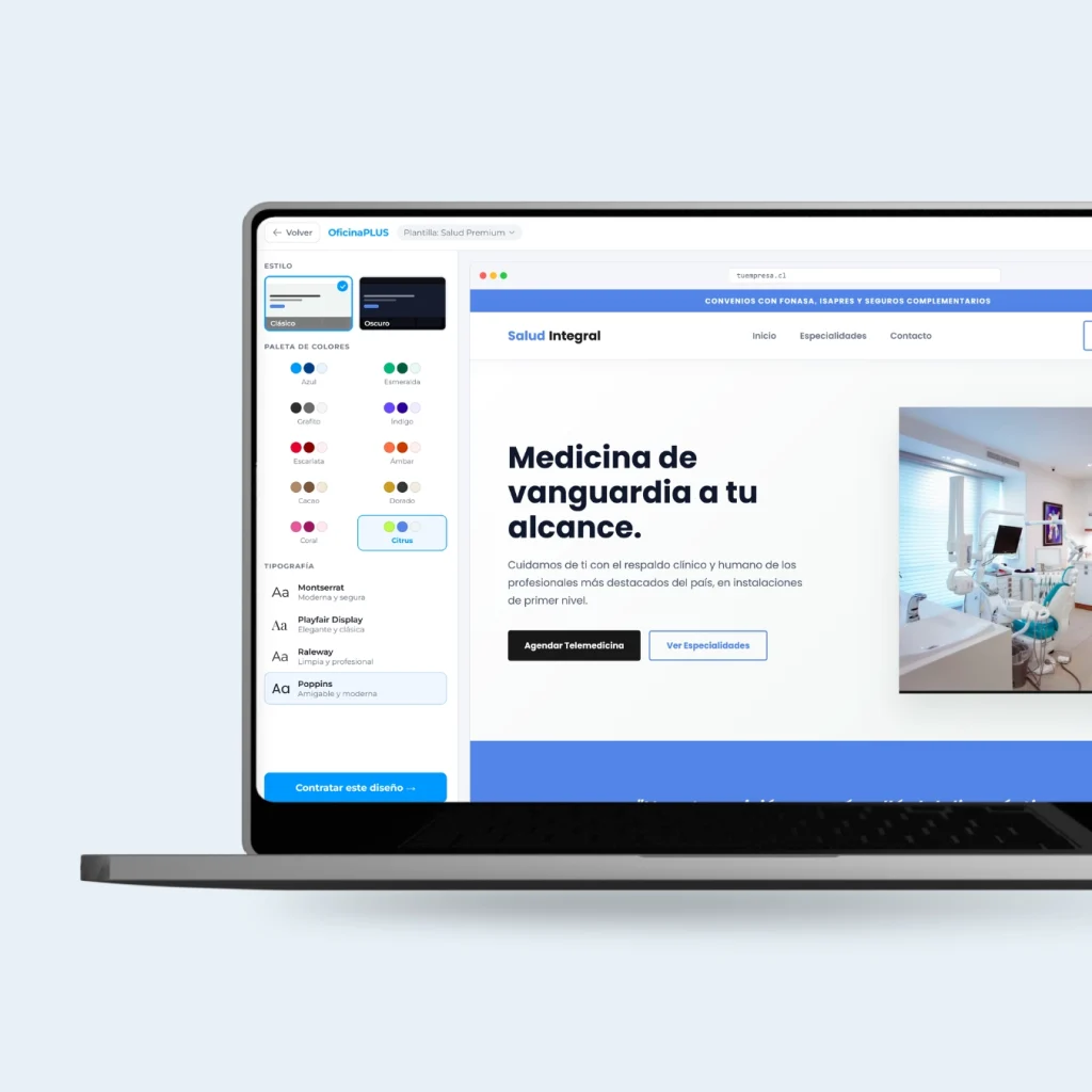 Pantalla de laptop mostrando la edición y diseño de un sitio web One Page responsivo para un negocio en Chile.